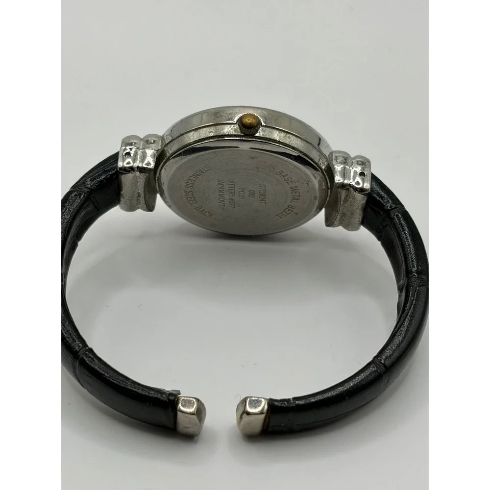 Studio Time Women Silver Tone Black Leather Cuff Quartz Watch‎